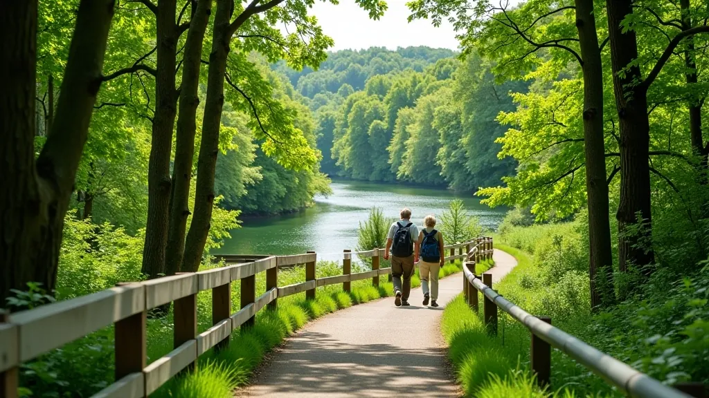 Gentle river valley trail in Podyjí National Park with safety railings and accessible markers