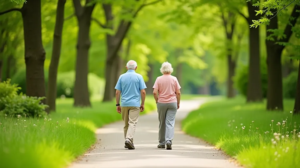 Scenic park pathway with senior couple walking
