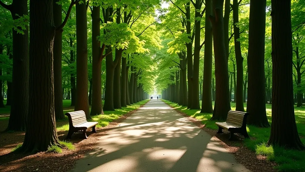 Shaded forest path in Stromovka Park with tall trees creating natural canopy, peaceful green environment