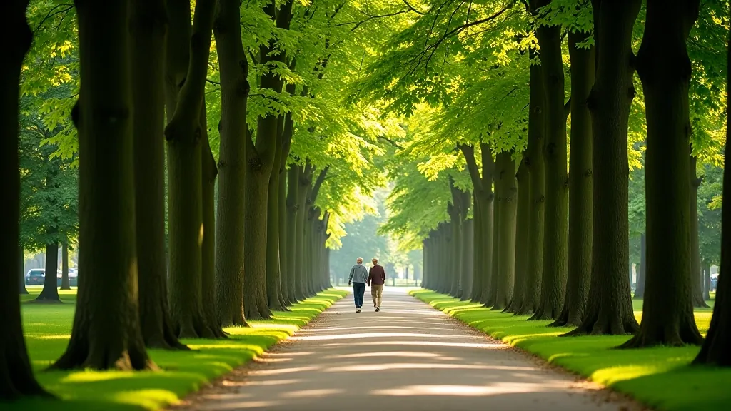 Serene walking path lined with gardens and forest in Stromovka Park, Prague