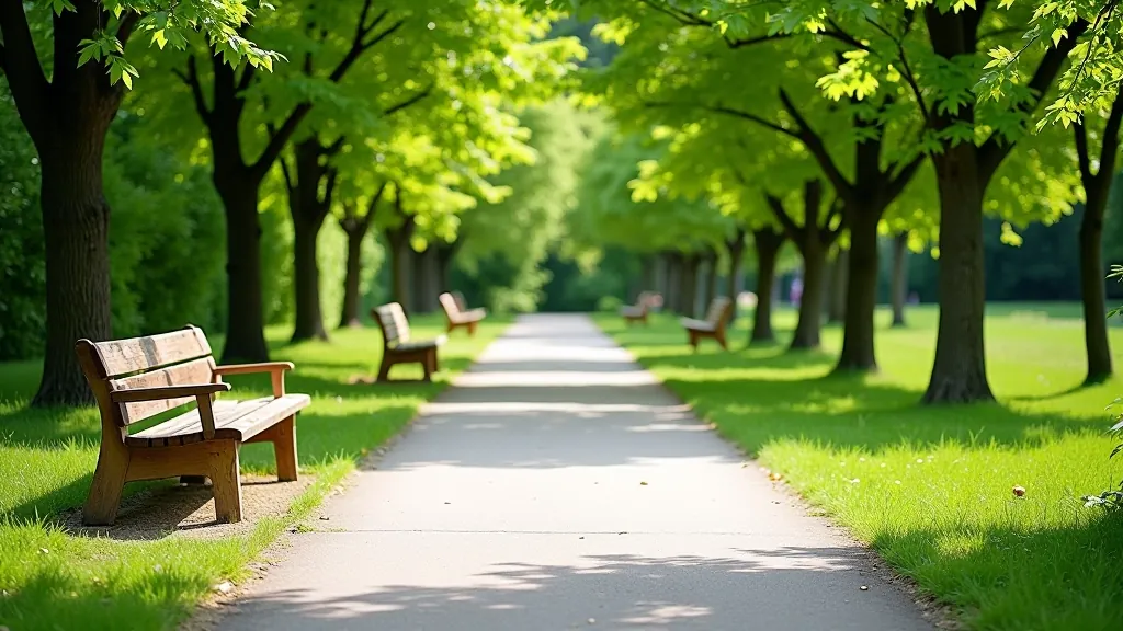 Well-maintained paved walking path through park with clear markings and benches along the way