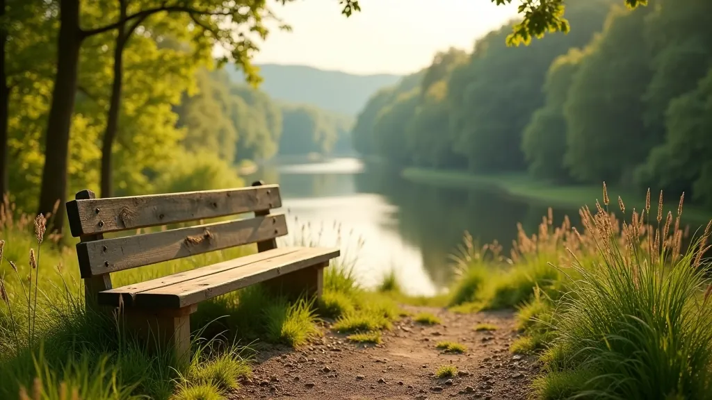 Wooden bench rest area along Podyjí trail with river view in background